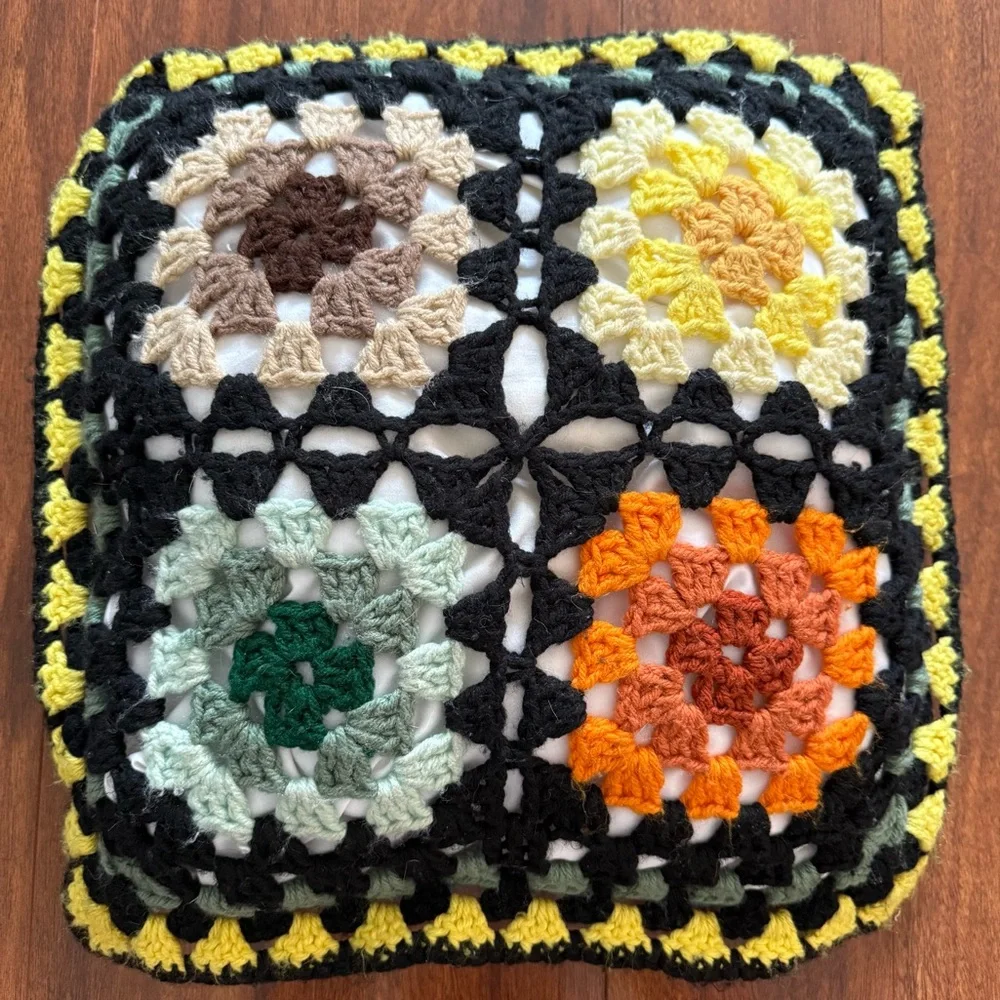 Crochet Granny Square Throw Pillow 17” Multicolor Boho Retro Decor VTG Style